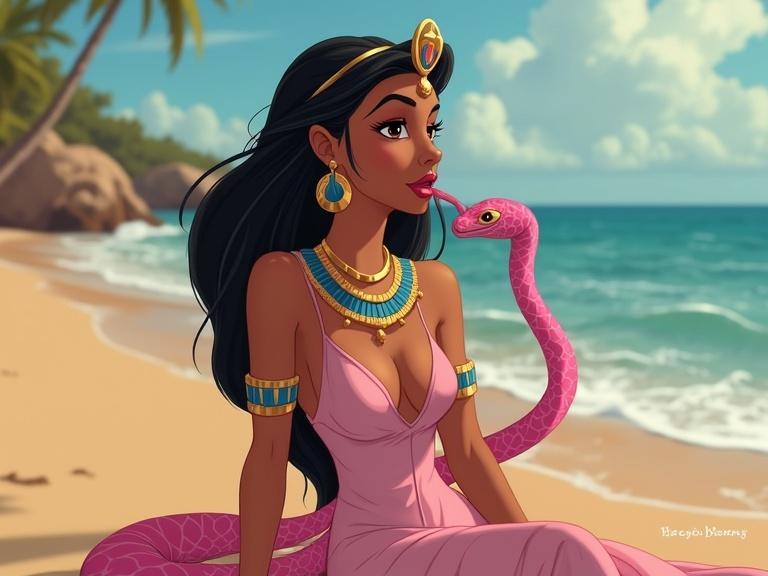 Cleopatra in elegant attire licking a pink snake on a sunny beach. Realistic Disney art style featuring vibrant colors and detailed background.