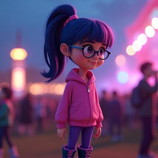 A Pixar-style character with navy-blue hair and glasses. Character at a music festival enjoying a performance. Wearing a pink hoodie and purple pants. Navy-blue knee-high boots with pink laces.
