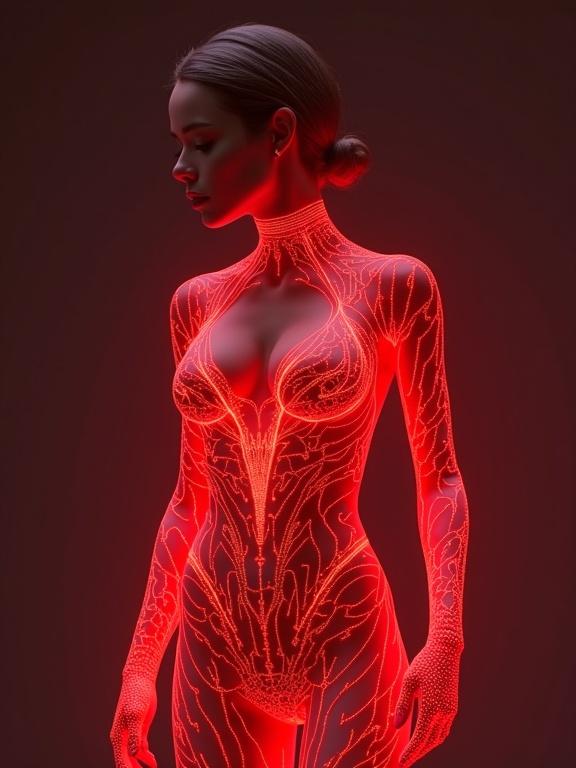 3D rendered female figure in a glowing red latex suit. Artistic details highlighted using zentangle and Droste effect techniques. Hyper-realistic style with intricate patterns. High-quality 8k resolution.