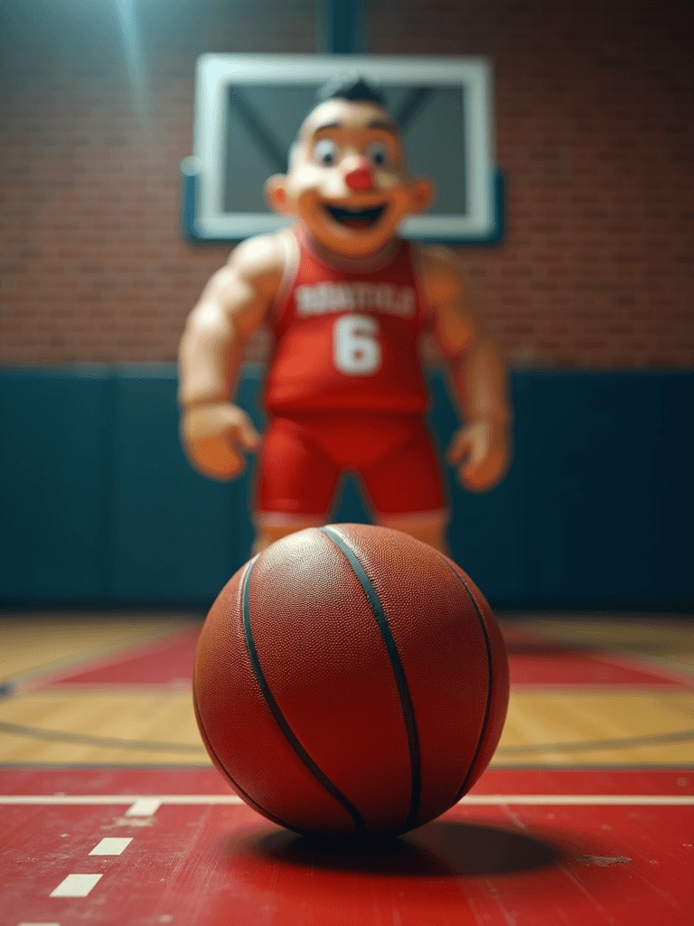 A large cartoon clown dressed in a basketball uniform stands on a basketball court, with a basketball in the foreground.