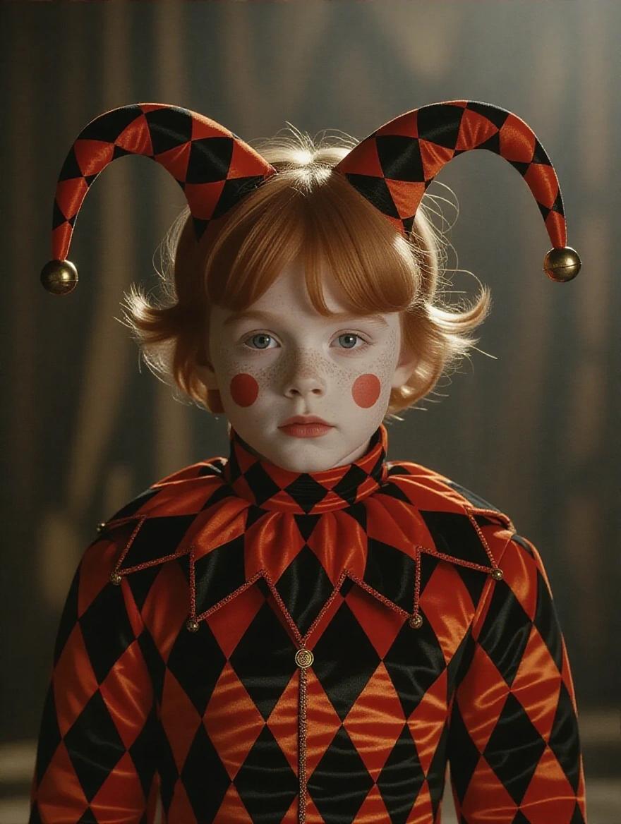 Cinematic still showcases a child dressed as a harlequin jester. Costume is orange and black with dual-pointed horns. Child has pale skin and strawberry blonde hair. Cheeks painted with blush spots. Background has dim circus setting with drapes and brass tubing. Style reflects Eastern European fantasy cinema.