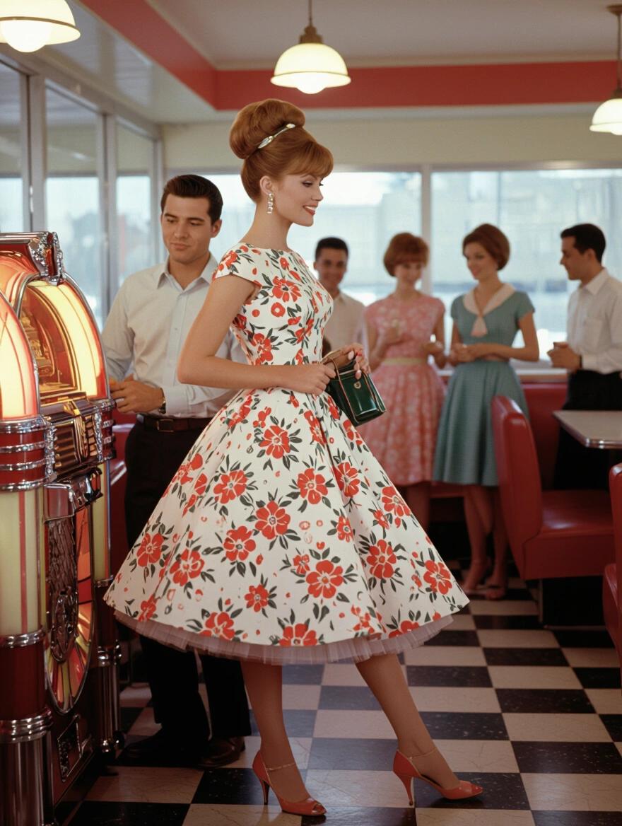 Woman dancing in a diner. Side view of a woman with beehive hairstyle. Wearing a floral circle skirt dress with petticoats. Holding purse and wearing high heels. A man stands beside her. Several people in the background. Bright happy atmosphere.