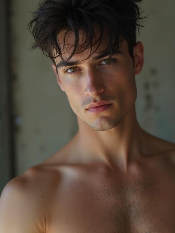A crossdressing androgynous 18-year-old man with sharp masculine bone structure and strong jawline. The model has a flat muscular chest and is posed in a manner that highlights his physique.