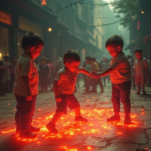 Children engaged in a game where they avoid the 'lava' on the ground. Scene captures playful interactions and nostalgia.