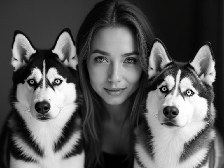 A black and white portrait features a woman with two husky dogs. The composition is intimate and showcases the connection between them. Soft lighting enhances the beauty.