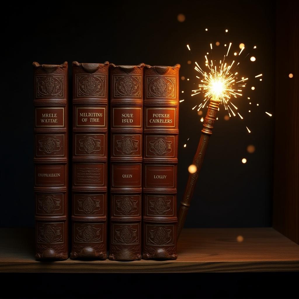 The image features a row of antique leather-bound books with intricate designs on a wooden shelf. They sit against a dark background that enhances their rich color and texture. One of the books holds a glowing wand that emits bright, sparkling light, creating a magical ambiance. The wand adds a whimsical element to the otherwise classic scene. This composition invites viewers to imagine stories and adventures yet to unfold within the pages of these timeless books.