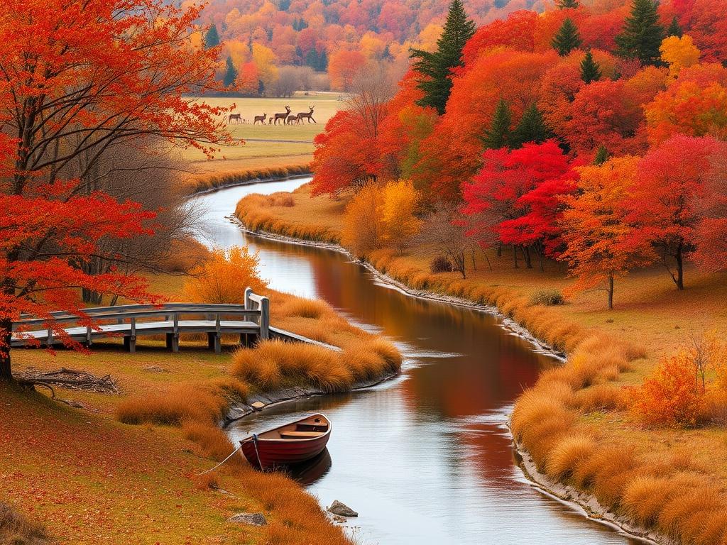 This mesmerizing image captures the beauty of an autumn landscape with a meandering river framed by vibrant red and orange foliage. A wooden boat rests calmly by the riverbank, creating a sense of peace. In the background, a small herd of deer graze serenely in an open field, adding a touch of nature's grace to the scene.