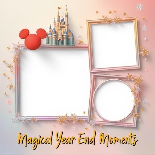 Disney-style photo collage template featuring three decorative photo frames. Arranged symmetrically in a triangle layout. Unique frame shapes include Mickey ear, castle, and starburst. Blank photo areas visible. Soft Disney-style backgrounds with sparkles. Title at the bottom says 'Magical Year-End Moments'.