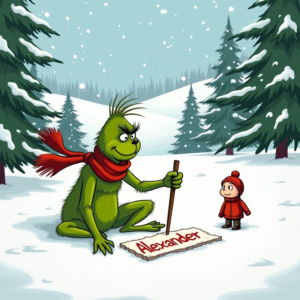 The Grinch sits in the snow. He writes 'Alexander' with a stick. A small character watches him. Snow covers the hills. Evergreen trees surround them. The Grinch wears a red scarf. He is green.