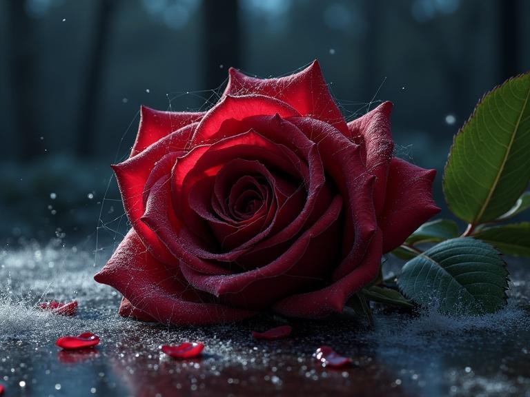 A large dark red rose lies on a table covered in cobwebs sparkling in the moonlight.