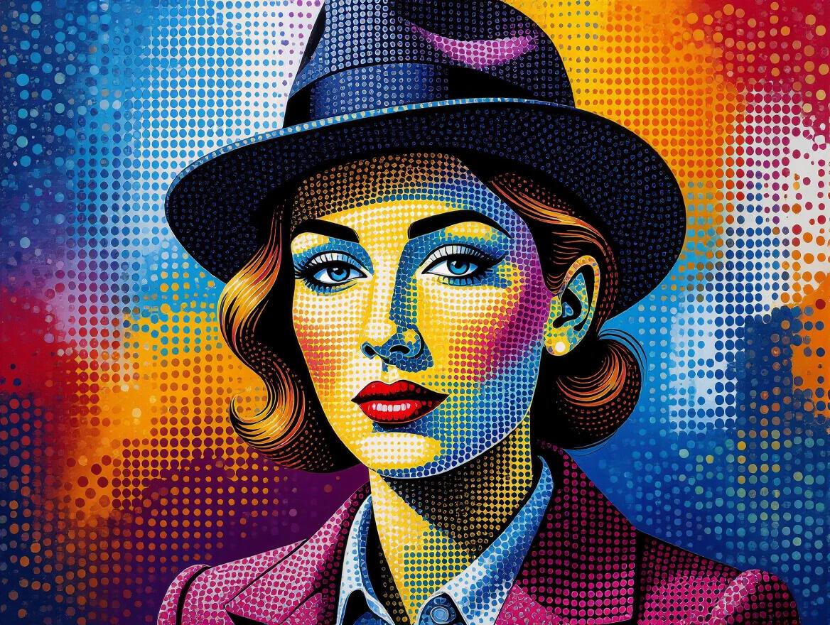 Graffiti mural created using pointillist technique. Features an urban aesthetic with vibrant colors. Depicts a woman in a hat, showcasing modern imagery through classical techniques. Colors created with optical dot mixing. Combines hip-hop culture with neo-impressionist methods.