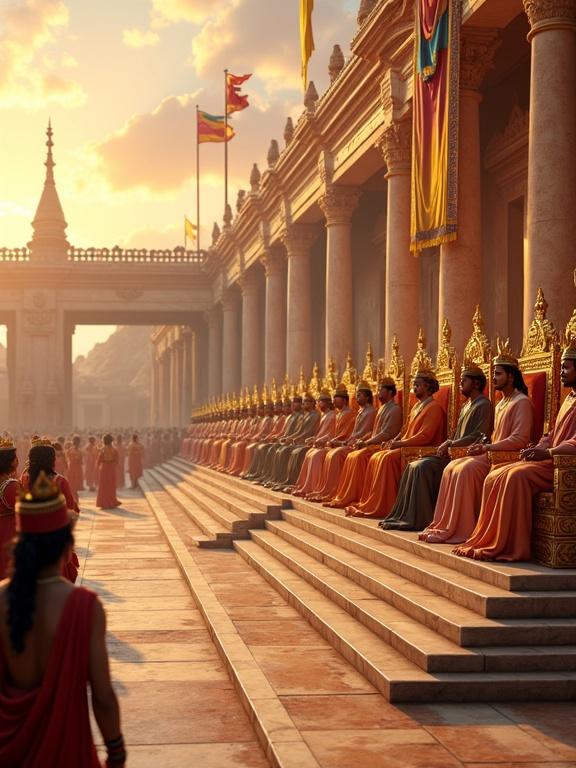 Epic Mahabharata-style royal court scene taking place in Hastinapura. Elevated marble platform with rows of majestic Indian kings on golden thrones. Kings wear crowns, silk robes, and royal jewelry. Young princes dressed in warrior attire observe the event, with swords and bows beside them. Ancient stone columns and flowing drapes in the background. Flags of various kingdoms waving above. Sunlight casts a divine golden hue over the scene.