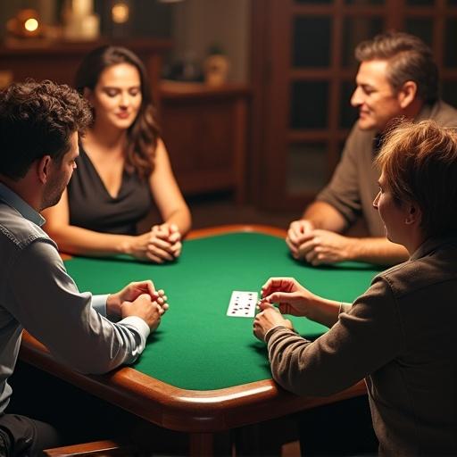 Realistic image shows four people seated at a green card table engaged in a bridge game. Two men and two women are present. All are casually dressed. The setting appears relaxed. Warm lighting and wooden furniture create a cozy vibe.