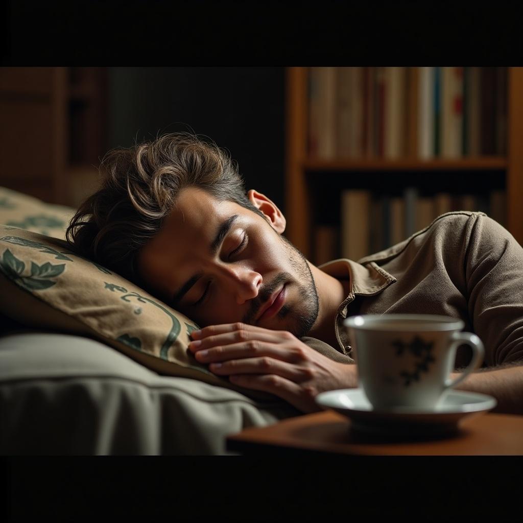 Man sleeping peacefully on a pillow with a serene expression. Natural light illuminating the scene from a window.