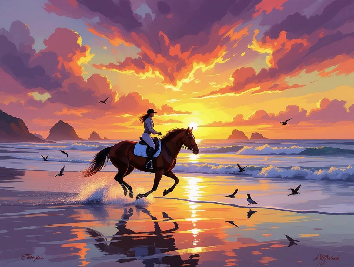 Dynamic oil painting showcases a rider on horseback galloping along the surf line at sunset. Horse's hooves splash through shallow waves. Rider and mount move in harmony. Vibrant colors fill the sky. Golden yellows oranges magenta and purple clouds reflect on sand and ocean. Seabirds scatter from their path. Distant rock formations emerge from mist. Wet sand and foaming waves gleam with reflections. Backlighting creates dramatic silhouettes. Painterly style captures freedom and power of coastal adventure.