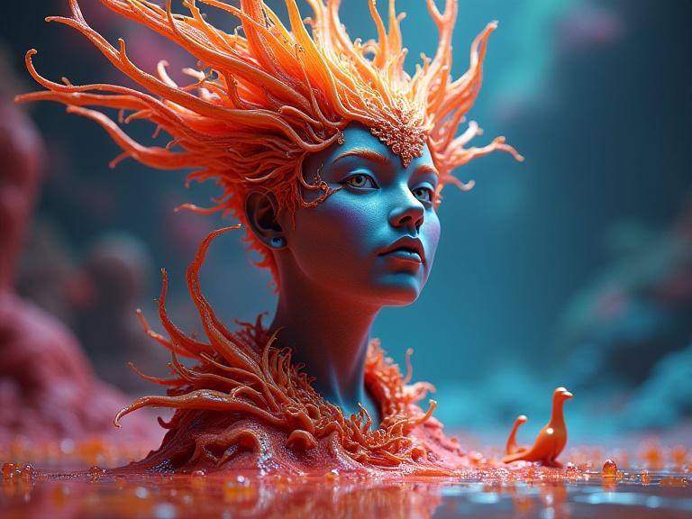 3D art statue of a woman with fiery hair and colorful background. Fantasy concept with intricate details and vibrant colors. Color depth is dramatic with a cinematic feel.