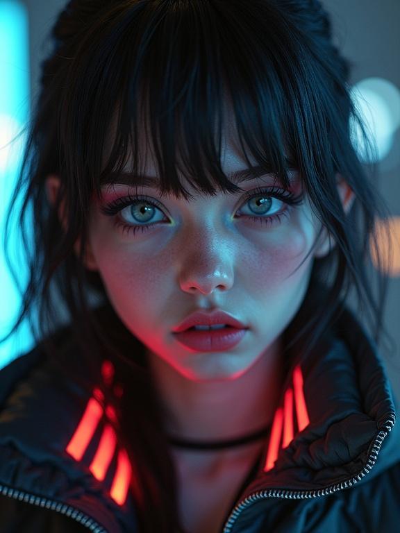 Close-up shot featuring a girl with striking whiny eyes. She wears a bomber jacket with glowing stripes in the collar. The focus is on her heavy makeup and realistic skin texture.