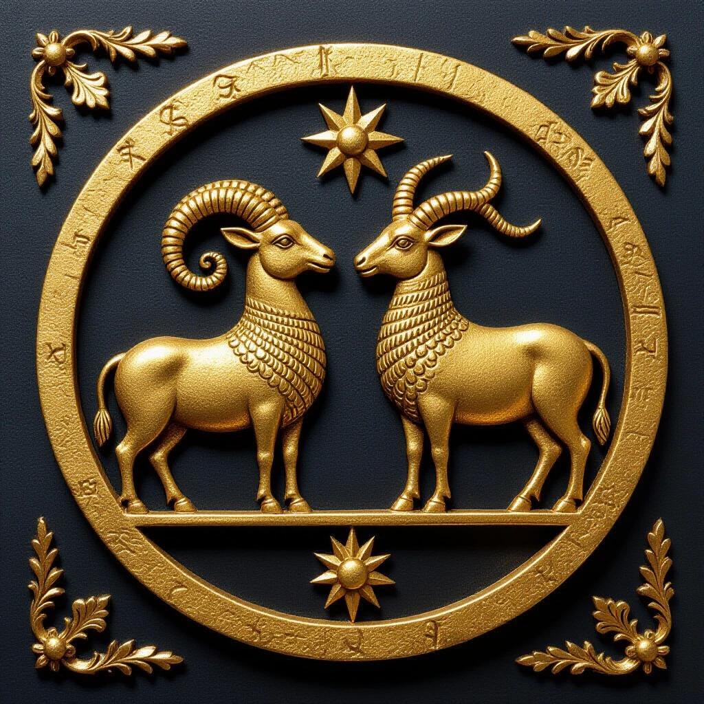 Design featuring two golden rams symbolizing Taurus in a circular format. Includes stylized decorative elements surrounding the main figures. Background color is dark.