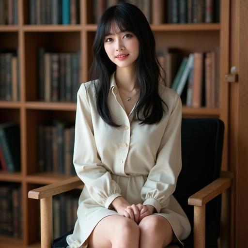 Photo features a Japanese woman seated in a chair in a library. She wears a stylish blouse and skirt. Long straight black hair is styled with bangs. Her expression is shy with a soft smile. The background showcases wooden shelves filled with books. Her footwear is chic loafers. A delicate necklace adorns her neck. Soft shadows enhance the serene atmosphere.