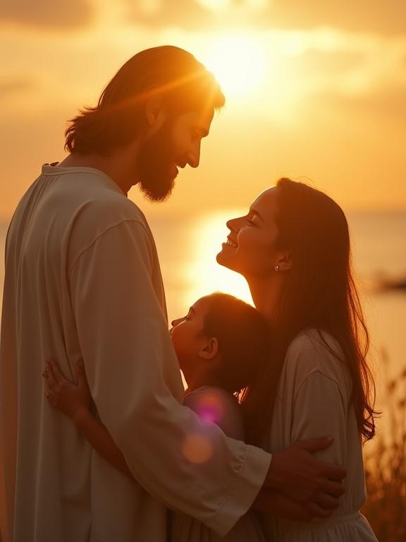 Serene image featuring family embracing in warmth of sunset. Natural light illuminates scene creating a peaceful atmosphere. The background displays a soft golden sunset conveying hope and security. Cinematic portrayal highlighting protective love in a family setting.