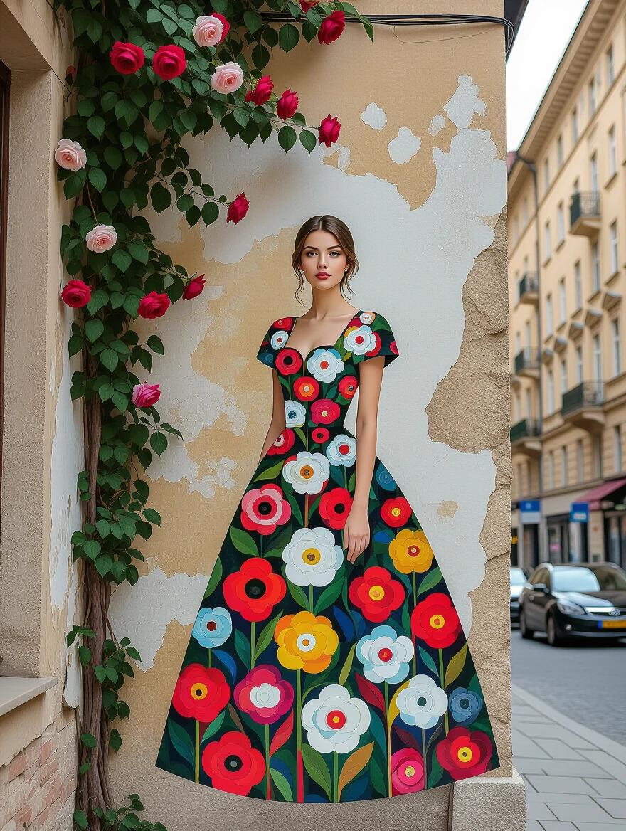 Full-body image of young woman in flower-decorated dress against cracked plastered wall. Climbing roses and vines present. Scene depicts a busy street with tall buildings. Represents modern street art.