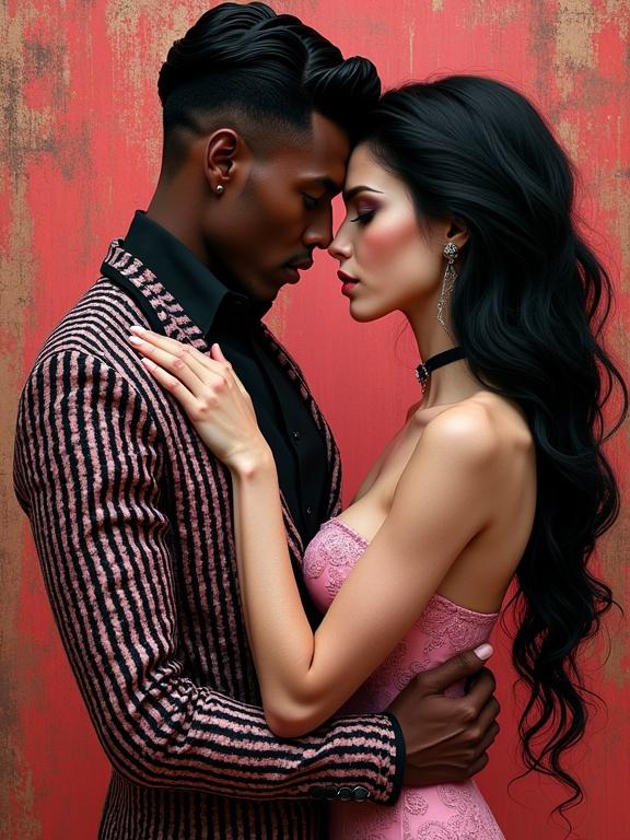3D erotic couple posing in eccentric shades of pink and black. Intricate skin patterns with pin-striped and paisley designs. Background features brown and red tones, inspired by lyrical abstraction. Details reflect hyper-realistic style with influences from Kandinsky and Gustav Klimt, designed in a whimsical manner.