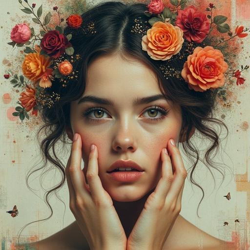 Surreal portrait portraying a woman with enigmatic expression. Floral elements in hair and textures on face. Soft lighting enhances captivating appeal. Colors blend harmoniously.
