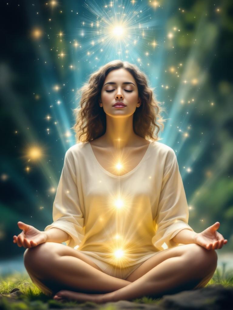 A person sits cross-legged in meditation. Light rays emanate from their body. It symbolizes inner strength and self-discovery.