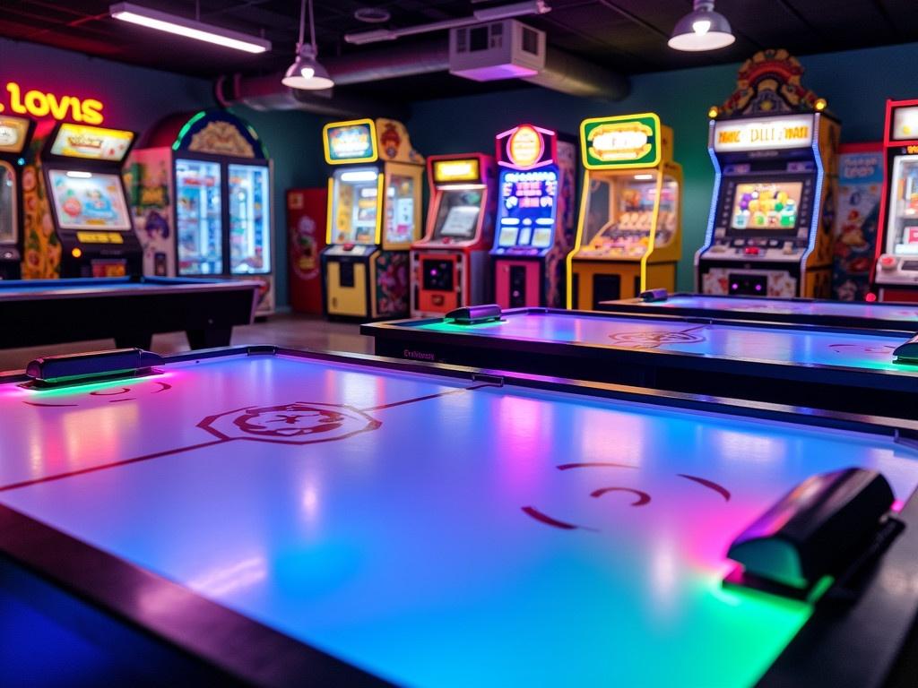 This image depicts a lively arcade filled with various game machines and attractions. In the foreground, there are air hockey tables with colorful neon lights. In the background, several arcade cabinets and prize machines are visible, showcasing bright colors and flashing lights. A pool table can also be seen in the left side of the image. The overall atmosphere looks energetic and fun, emphasizing a space for entertainment.