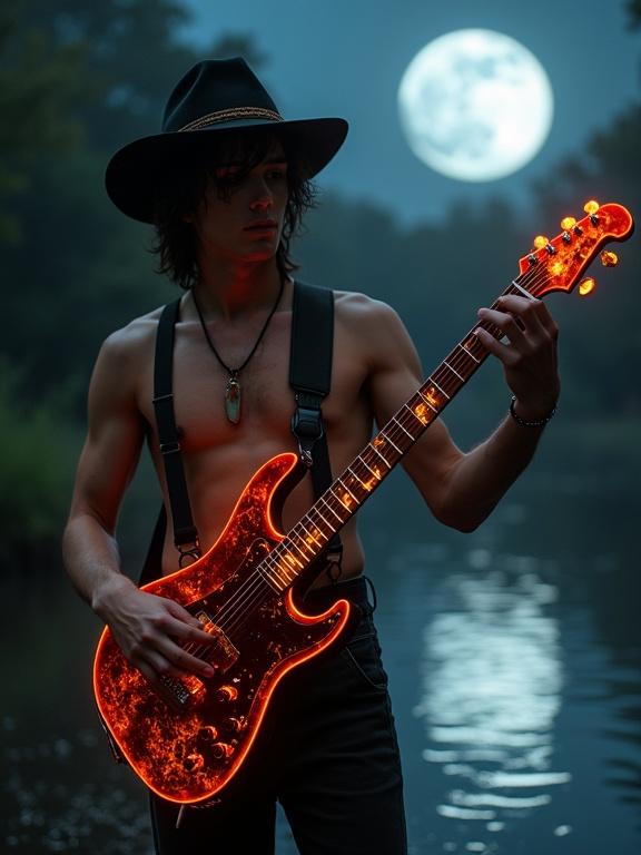Image of a captivating shirtless teenage male with suspenders playing an illuminated guitar in a moonlit bayou. The setting features a full moon creating an enchanting atmosphere with a sense of danger and allure. The male wears a stetson hat, portraying a cool and mesmerizing mood.
