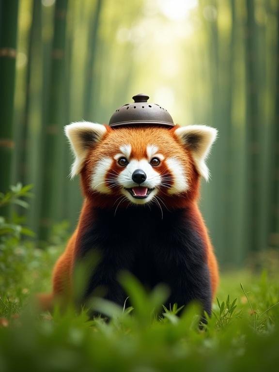 Happy smiling red panda with a reverse colander on its head in a bamboo forest. Plush texture and natural green style. Atmospheric distance perspective.