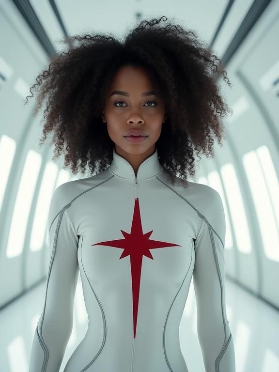 Cinematic depiction of a mixed race female superhero. She has dark curly afro hair. Dressed in a sleek white bodysuit. Features a long red four-point star emblem on her chest. Set against a white sleek interior. Captures realism with detailed textures and shadows.