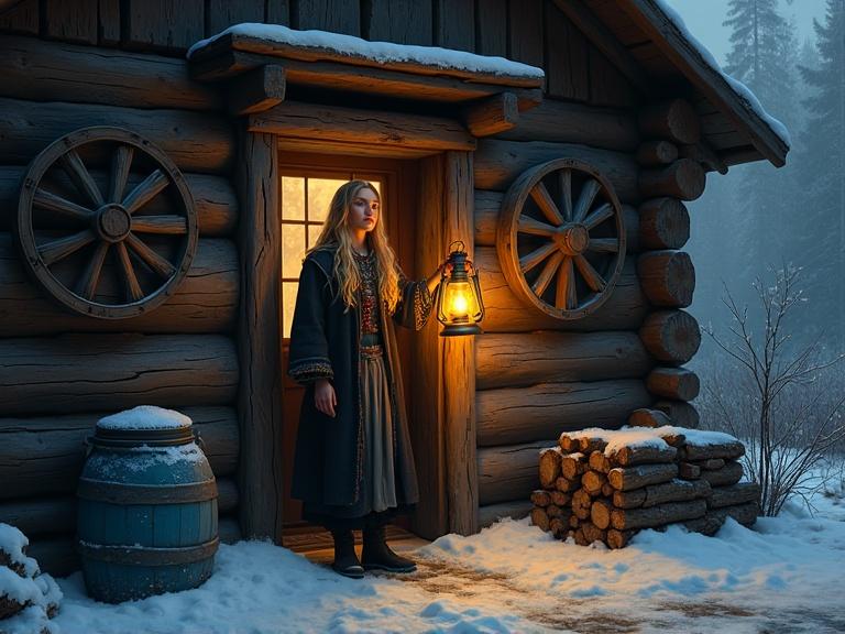 Scene set in a rustic cabin surrounded by snow. A woman stands at the door holding a lantern with warm light. The cabin is made of weathered logs. Snow dusts edges. Mood is cozy yet mysterious. Dark woods contrast with golden glow. Detail in traditional attire and surroundings.