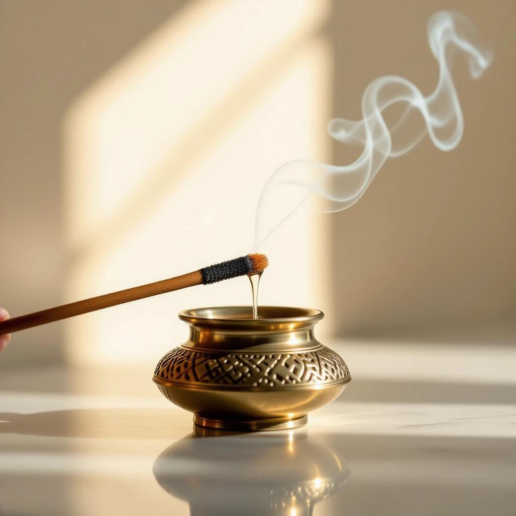 Close-up of a miswak stick held above a decorative Arabic incense burner. Golden sunlight casts a warm glow on the scene. Smoke curls elegantly from the burner.