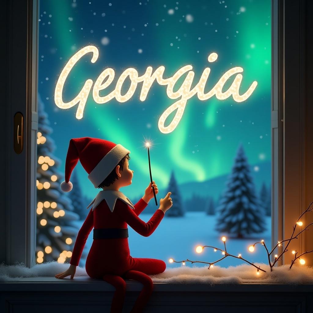 This image portrays an enchanting scene where an elf is seated by a window, gazing at the sky. The elf is using a wand to magically inscribe the name 'Georgia' in the air. The background is a winter wonderland filled with soft snow and evergreen trees, illuminated by the mesmerizing northern lights. Twinkling fairy lights adorn the window sill, enhancing the festive ambiance. This charming illustration captures the spirit of Christmas through its whimsical elements and magical atmosphere.