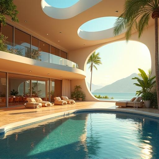 Depicts a super futuristic modern mansion setting. Features an oversized luxurious onsen area with a swimming pool. Morning scene in Bel Air shows light gold and onyx black accents. Environment evokes a summer vibe.