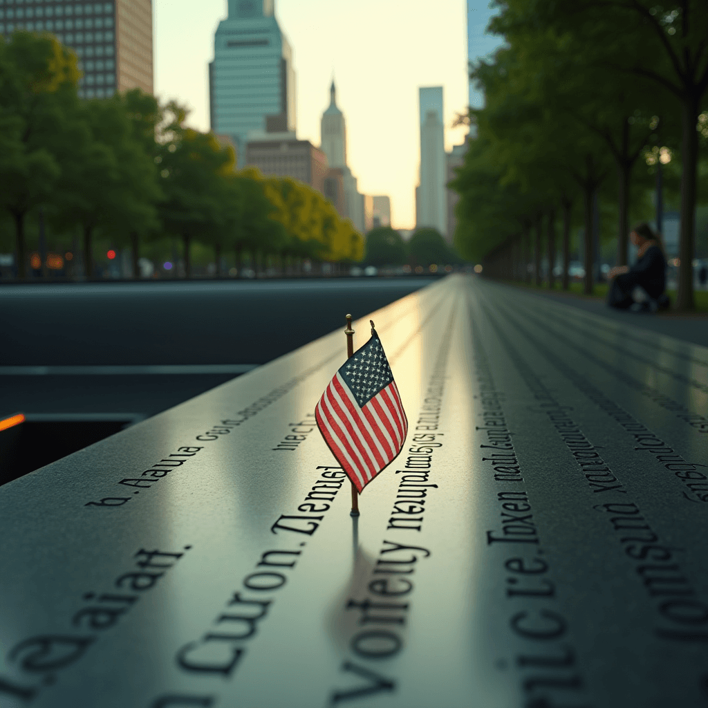 The image captures a small American flag planted on a reflective surface engraved with names, possibly commemorating a memorial or historical event. The surface stretches into the distance, leading to a background of trees and skyscrapers, suggesting an urban setting. The scene is illuminated by the warm glow of a sunrise or sunset, casting long shadows and highlighting the solemn and respectful tone of the location. In the background, a person is sitting on the edge, providing a sense of solitude and contemplation. The overall atmosphere is serene and reflective, emphasizing themes of remembrance and honor.