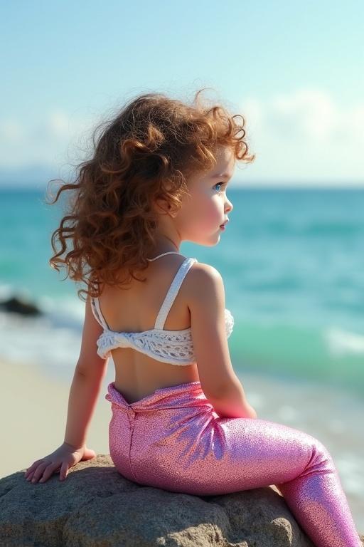 A mermaid toddler with curly blonde hair and white skin sits on a rock by the ocean. She has a pink glimmering tail and wears a white top. Her blue eyes gaze towards the shore. The scene captures her beauty and whimsical nature.