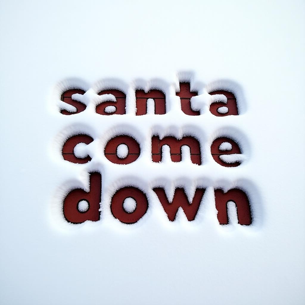 Text 'santa come down' is written in the snow. The snow reveals red bricks underneath.