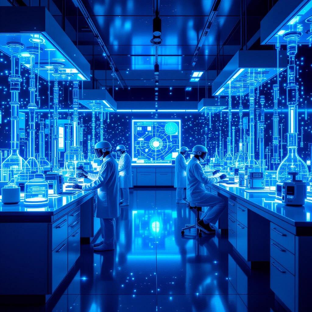 High-tech laboratory featuring holographic displays and robotic equipment. Rendered in pointillist technique using electric blue and silver dots. Showcases futuristic technology and scientific precision. Artistic representation of biotechnology using neo-impressionist method. Optical mixing creates metallic surface effects. A gallery-worthy vision of the future.