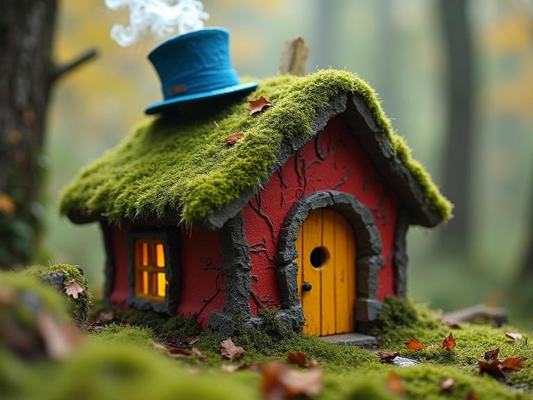 A storybook-cute house in the woods. Tiny yet well-formed. Red sticky-branch walls. Roof thick with wet green moss. Yellow leaves as window blinds. Smoke curls from a blue hat on the roof.