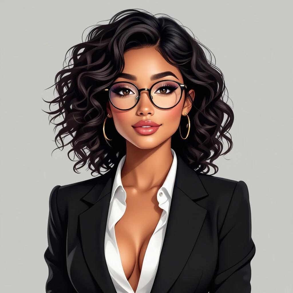 Create a portrait of a girl with smooth skin and curly black hair. She wears a black suit with a white blouse showing generous cleavage. The lighting is soft, enhancing her features. She has a small mole on her cheek and round black glasses. The smile is seductive and eyes are brown. Portrait must be photorealistic.