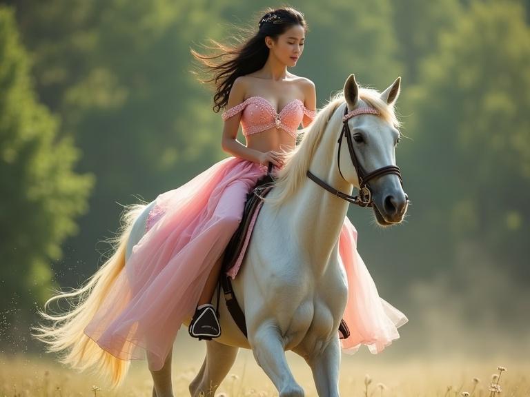 A young lady rides a horse in a soft green outdoor setting. She wears a pink dress with pearl accents. The horse is in motion, jumping. Soft sunlight and subtle sparkles create a whimsical atmosphere.
