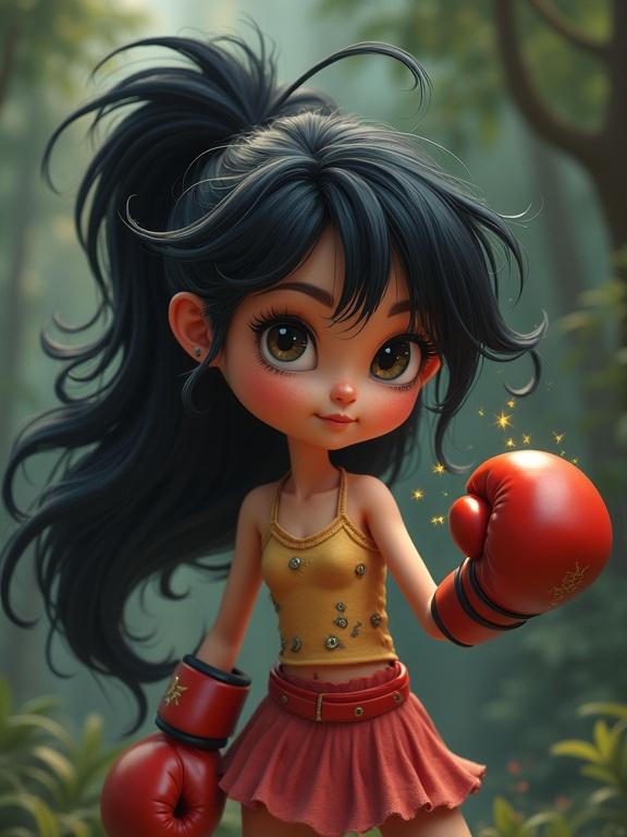 Image of a young girl with dark hair in boxing gloves. She has a confident expression. She wears a colorful outfit. The background is a magical forest.