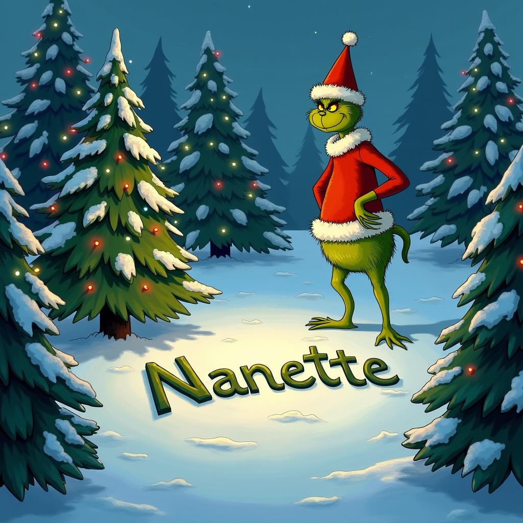 The Grinch is outside in the snow. Christmas trees surround him. The Grinch is writing the name Nanette in the snow.