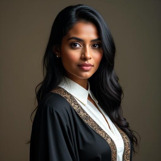 Image of a Scottish-Pakistani female teacher with dark almond-shaped eyes and thick black hair, wearing traditional teacher attire. She has dark skin and full lips, looking confident.