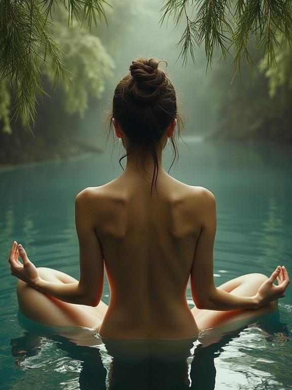 Meditating figure in onsen surrounded by nature. Soft muted tones create peace and tranquility. Light plays on water and foliage. Evokes sensual beauty and mystery. Inspired by Renoir.