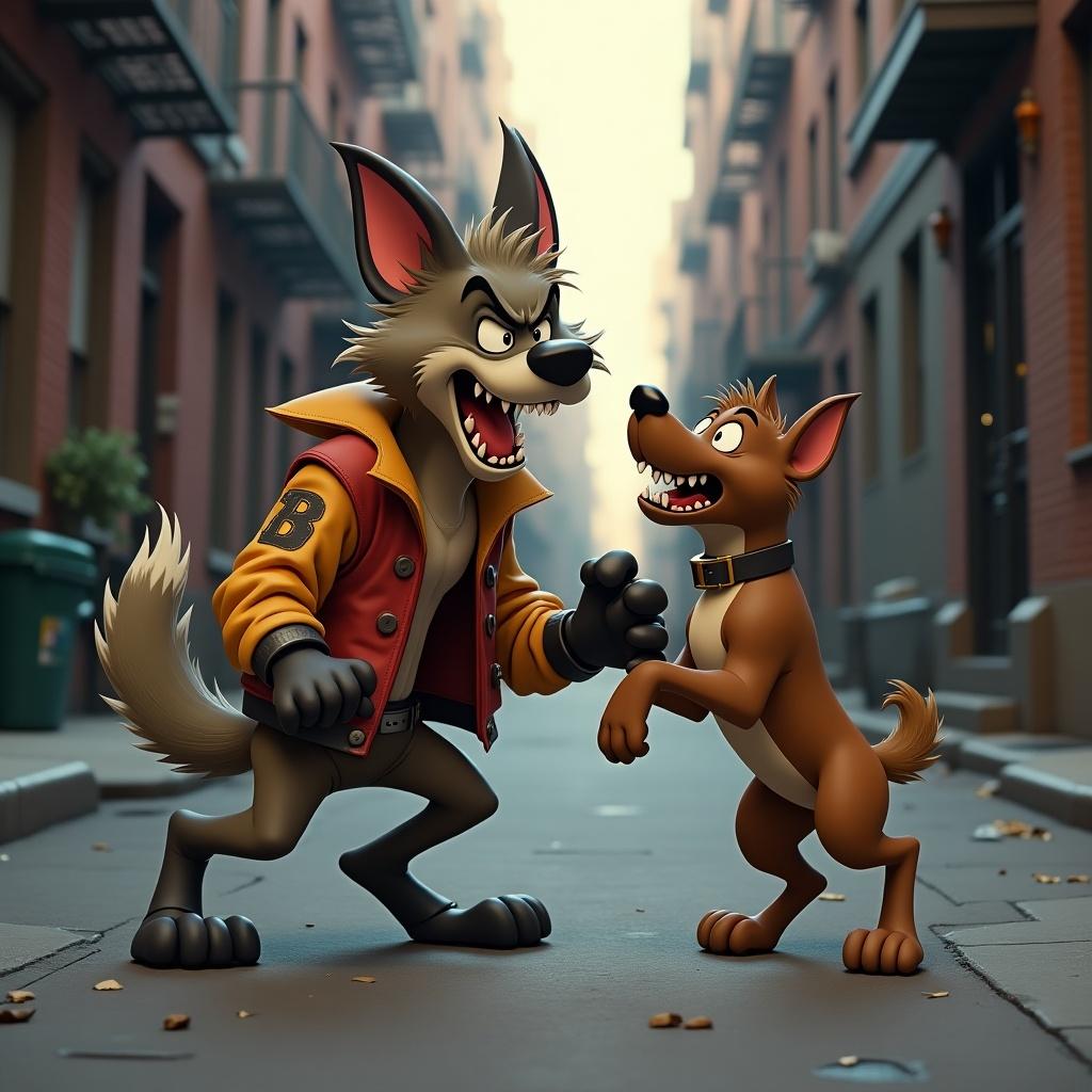 An animated scene in a dystopian New York alley featuring a heroic hyena character wearing a punk letter jacket. The hyena has a menacing expression as it grabs a small dog by the collar with one paw. The other paw is raised in a dramatic gesture, adding to the tension. The alley is filled with subtle hints of urban decay, enhancing the dystopian feel. The characters are designed in a classic cartoon style, reminiscent of old Disney films.