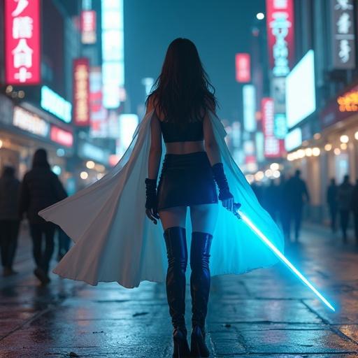 Full body shot of woman wielding blue sword in cyberpunk cityscape at night. Woman has long dark hair and pale skin. Wears black leather top and skirt with flowing white cape. Has thigh-high black heeled boots and armored gloves. Streets wet and reflecting neon lights. Blurry figures in background with tall buildings and bright signs. Dark lighting adds to atmosphere. Image is cinematic and detailed with sharp focus.