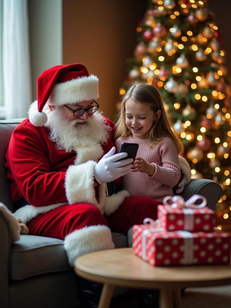 A festive scene featuring Santa Claus and a young girl on a couch. Santa wears a classic red and white suit. The girl shows Santa something on a smartphone. Around them are wrapped Christmas gifts on a wooden table. In the background, a beautifully decorated Christmas tree with lights and ornaments creates a joyful holiday atmosphere.